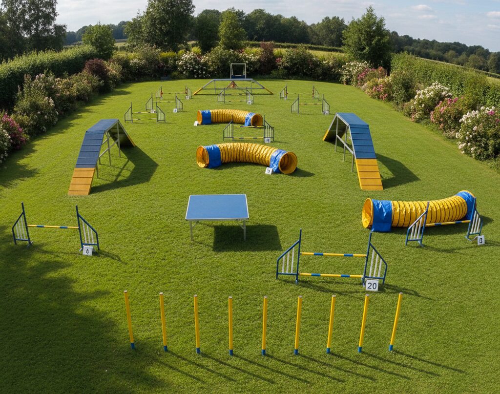 Parcours d'agility complet avec obstacles divers : sauts, tunnel, table, slalom
