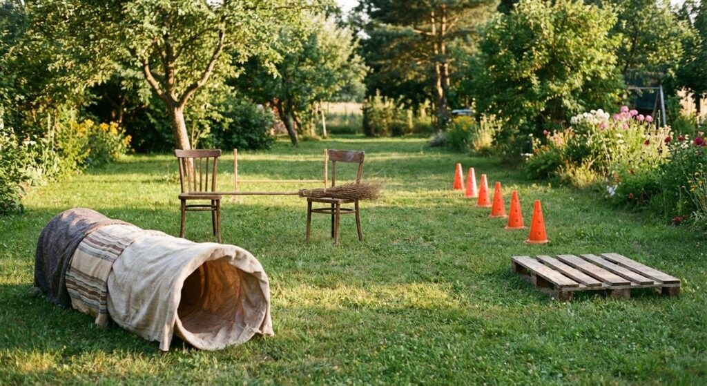 Parcours d'agility DIY complet dans un jardin avec obstacles artisanaux