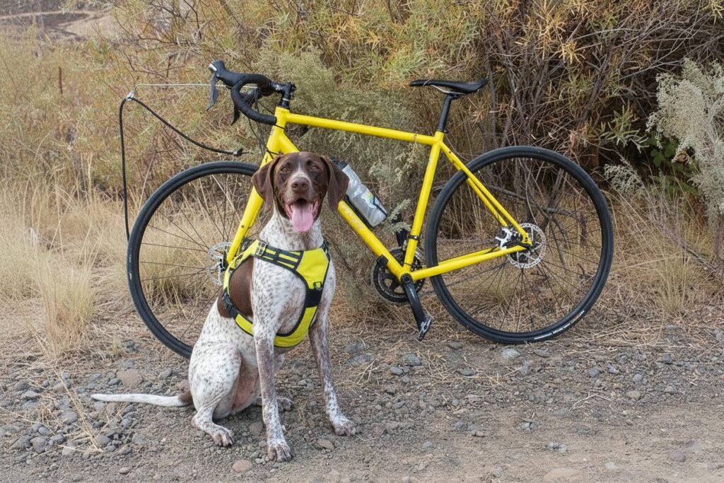 Chien pointer et cani-vtt sur chemin