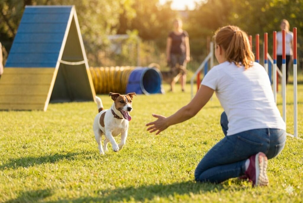 Chien obéissant au rappel de son maître dans un parc d'agility