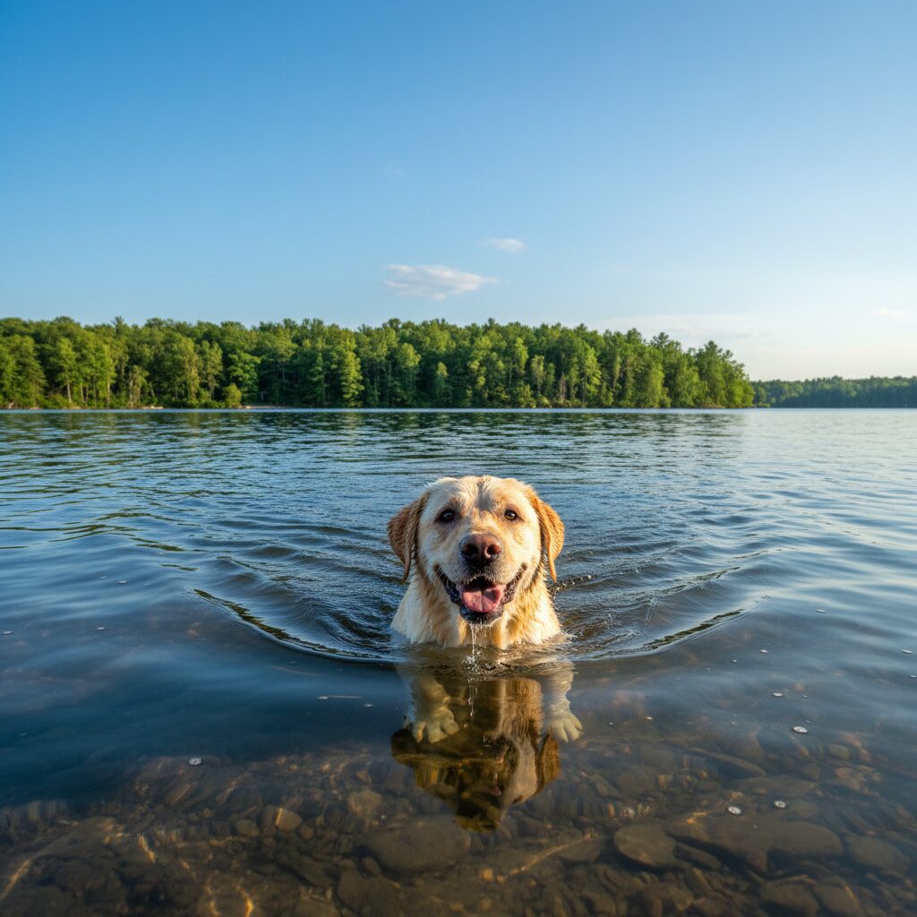 Labrador dans l'eau, excelle en nage.